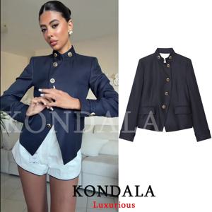 KONDALA 우아한 캐주얼 세련된 여성 블레이저 네이비 블루 버튼 스탠드 칼라 슬림 블레이저 패션 2026 봄 여름 오피스 레이디 블레이저