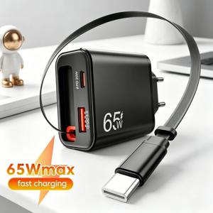 65W USB 휴대폰 충전기, 아이폰 17 16 POCO 샤오미 QC 3.0 USB PD 벽면 충전기용 접이식 초고속 충전 타입 C 케이블 포함