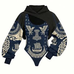 숙녀 바이킹 패턴 후드 점프수트 2PCS 세트 데일리 홈 라운지 스트리트웨어 야외 워킹 휴일 심플하고 편안한 투피스