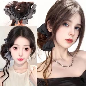 합성 섬유 클립형 웨이브 포니테일 헤어피스, 리본 장식, 자연스러운 스타일, 착용 간편, 즉각적인 볼륨 및 길이 연출