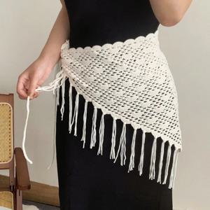 새로운 베이지 프린지 니트 삼각 스카프, 데일리 스커트와 매치하기 좋은 다용도 헤어 타이 벨트, 부드럽고 통기성 좋은 프리미엄 편안함