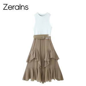 ZERAINS 여성 봄/여름 신제품 벨트가 있는 다용도 민소매 라운드넥 스택 스플라이싱 탱크탑 드레스