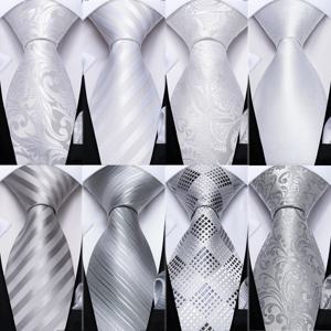 DiBanGu 디자이너 화이트 그레이 슬리버 남성용 넥타이 Hanky ​​Cufflinks 세트 남성용 실크 넥타이 웨딩 파티 비즈니스 남성용 넥타이