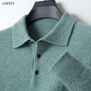 LHZSYY 100% 메리노 울 핫 가디건 남성 옷깃 풀오버 긴 소매 폴로 넥 스웨터 루즈 탑 니트 의류 대형 셔츠