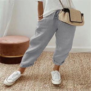 AliExpress 여성용 신축성 허리 크롭 캐주얼 바지, 면 및 린넨, 새로운 유행