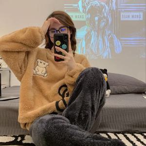 두꺼운 따뜻한 플란넬 여성 잠옷 겨울상의와 바지를위한 Homewear Ladies Nightwear Loungewear 투피스 세트 잠옷