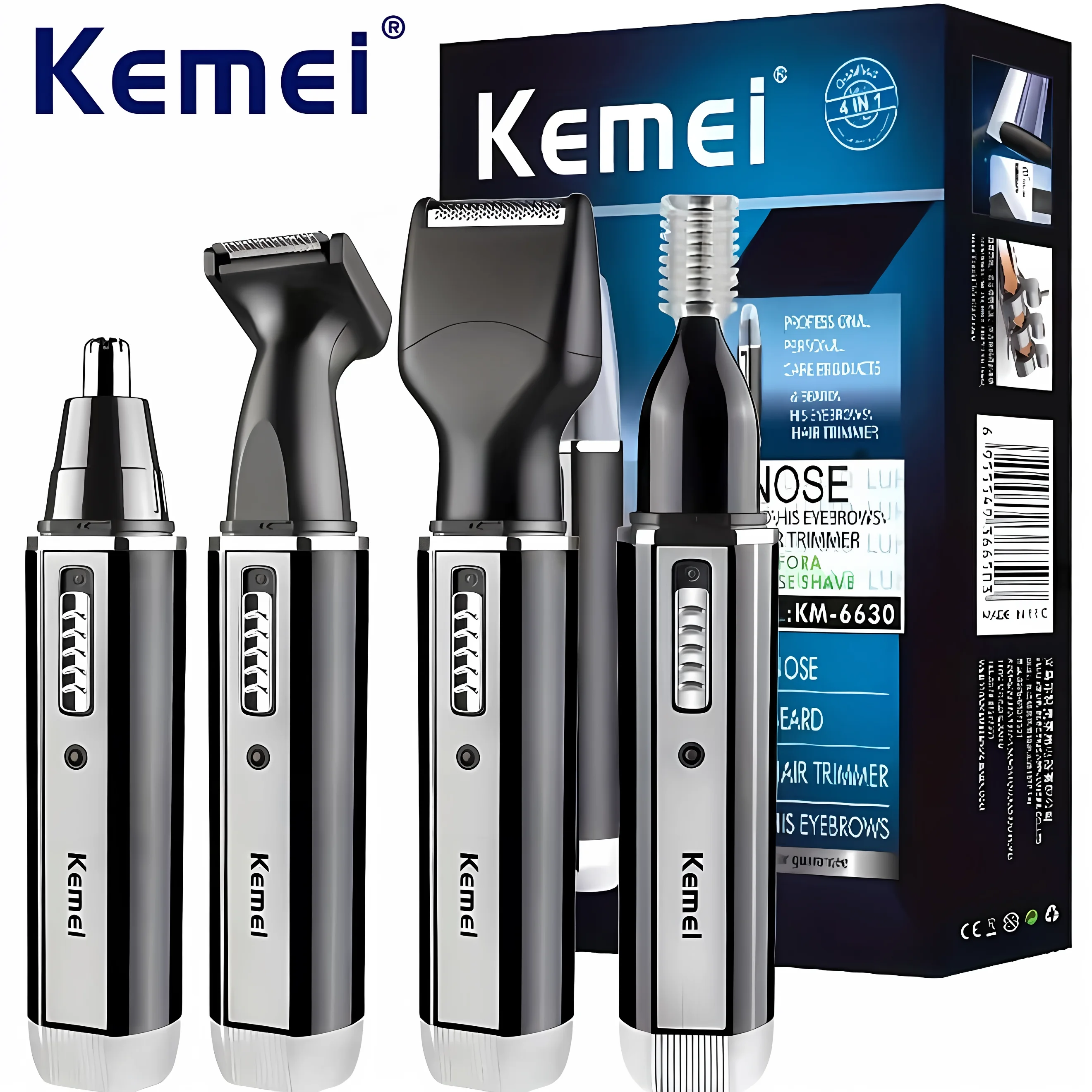 Kemei KM-6630 4 in 1 코 눈썹 머리 수염 트리머 남성용 템플 컷이있는 충전식 전기 면도기 코 귀 트리머