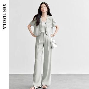 SENTUBILA 2026 바지 세트 여성용 2피스 세트 진주 금속 버클 여성용 여름 정장 주름 방지 블레이저 복장 152ZA0061