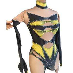 여성 SparklyStones Stretchy Skinny Jumpsuit 장갑 나이트 클럽 파티 복장 댄서 공연 의상 무대 착용 Dahuangfeng