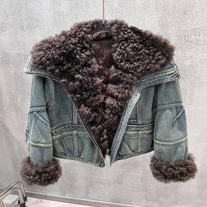 2025 겨울 신상 빅 램 양털 칼라 다운 재킷 짧은 캐주얼 화이트 구스 다운 따뜻한 데님 재킷 여성 파카