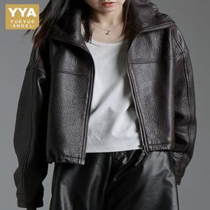 레저 스타일 솔리드 컬러 천연 가죽 재킷 여성 수제 턴다운 칼라 지퍼 긴 소매 양가죽 아우터웨어