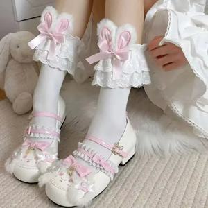 일본 하라주쿠 로리타 스위트 토끼 귀 양말 여성 여름 JK 리본 숏 양말 로리타 레이스 대형 레이스 스위트 양말