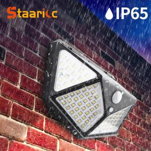 100 LED 태양광 벽등 야외 정원 모션 센서 야간 조명 4면 홈 경로 가로등 방수 IP65 마당 장식