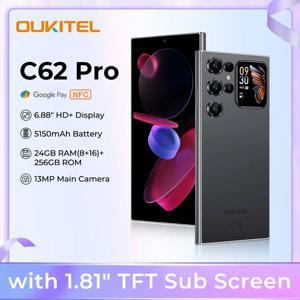 OUKITEL C62 Pro NFC 스마트폰 안드로이드 15, 6.88인치 HD+ 1.81인치 서브 스크린 Unisoc T615 휴대폰, 24GB(6+18) + 256GB, 5150mAh