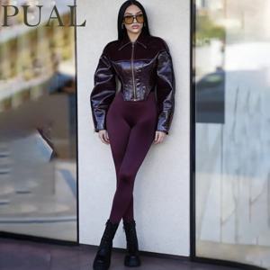PUAL 여성용 버건디 에나멜 가죽 크롭 재킷 - 턴다운 칼라 지퍼업 코르셋 스타일 모토 바이커 코트 (겨울 스트리트웨어)