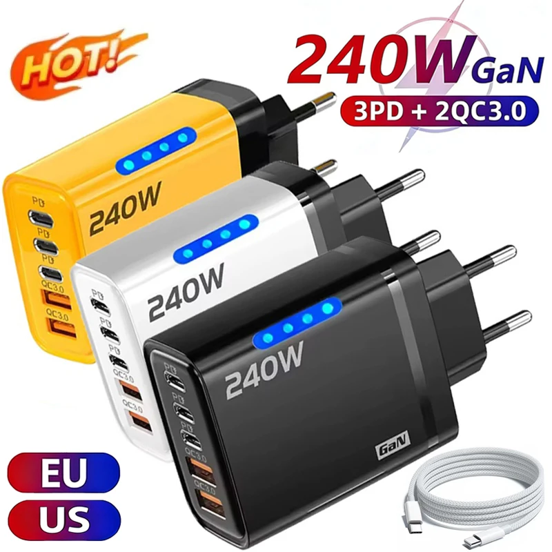 5 in 1 GaN USB C 데스크탑 충전기 240W 고속 충전 휴대폰 어댑터 브레이드 타입 C 케이블 (아이폰, 삼성, 샤오미 호환) EU/US 플러그 충전기