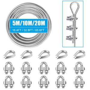2mm 스테인레스 스틸 와이어 로프 키트(PVC 코팅 포함) 치킨 하트 링 U자형 케이블 클램프(빨랫줄/야외 걸이용 키트)