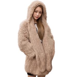 여성용 진짜 토끼 모피 후드 코트, 와이드 풀오버 케이프 숄 모피 코트, 후드 모피 재킷, 겨울