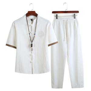 남성 리넨 세트 2023 여름 남성 streetwear 조깅 셔츠 + 긴 바지 남성 중국 스타일 2 조각 Hanfu Tracksuit Tang Suit 5Xl