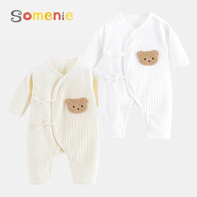 Somenie 유아용 니트 점프수트 100% 면 긴팔 롬퍼 남아 및 여아용 원피스 의상 신생아 4계절 착용 가능