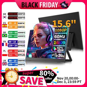 휴대용 모니터 15.6인치 풀 HD 게이밍 모니터 내장 브래킷 VESA 벽걸이 모니터 (PC, Mac, 모바일, Xbox, PS5 호환)