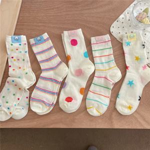 여성용 물방울 무늬 양말, 여름 메쉬 얇은 통기성 긴 양말, 여러 가지 빛깔의 줄무늬 하라주쿠 일본 귀여운 중간 튜브 양말