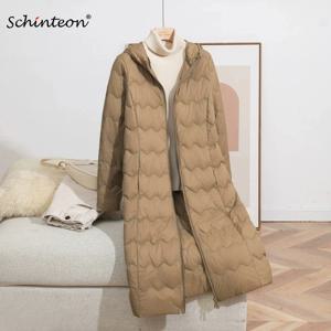 Schinteon 여성용 경량 90% 화이트 오리 다운 롱 재킷 후드 패션 가을 겨울 고품질 슬림 아웃웨어 2026