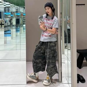 Y2K 아메리칸 바이브 워싱 카모 워크웨어 청반바지 여성용 하이웨이스트 스트레이트 레그 슬리밍 와이드 레그 미디엄 길이 팬츠