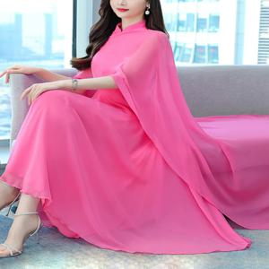 로즈 레드 스탠드업 칼라 시폰 숄 드레스, 우아하고 고급스러운 분위기, 사교계 연회용 롱 드레스