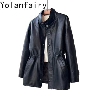 YOLANFAIRY 정품 양피 가죽 자켓 여성 겨울 90% 화이트 구스 다운 코트 중간 길이의 진짜 가죽 패션 겉옷