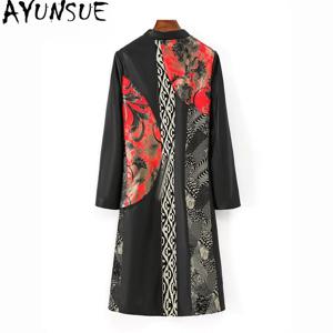 AYUNSUE 진짜 가죽 자켓 여성 중국 스타일 프린트 롱 코트 양가죽 캐주얼 트렌치 코트 여성 의류 가을 Ropa Mujer