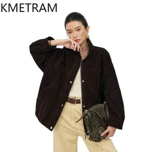KMETRAM 리얼 탑그레인 소가죽 스웨이드 가죽 자켓 여성 올드머니 스타일 코트 브라운 가죽 자켓 2026 신상 여성 의류 가죽자켓
