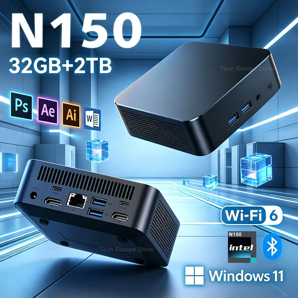 미니 PC 윈도우 11 인텔 N150 데스크탑 게이밍 휴대용 컴퓨터 PC 16GB 32GB 램 1TB 2TB M.2 SSD 미니PC WiFi6 오피스 BT5.2 미니PC