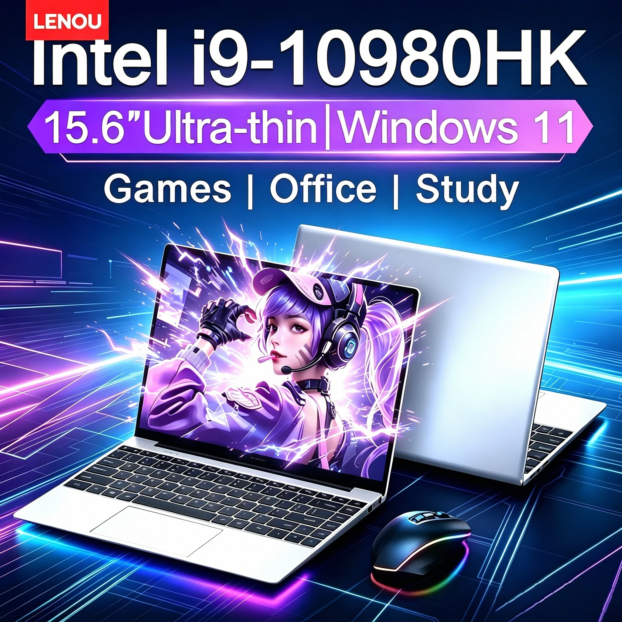 LENOU 15.6' HD 게이밍 노트북 인텔 코어 I9-10980HK 16GB DDR4 1TB/2TB SSD 윈도우 11 게이머 컴퓨터 사무용 비즈니스 노트북 PC