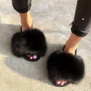 MPPM 여성용 리얼 폭스 모피 슬라이드 여름 모피 슬리퍼 플립 플롭 신발 플러스 사이즈 신발의 럭셔리 디자이너 샌들