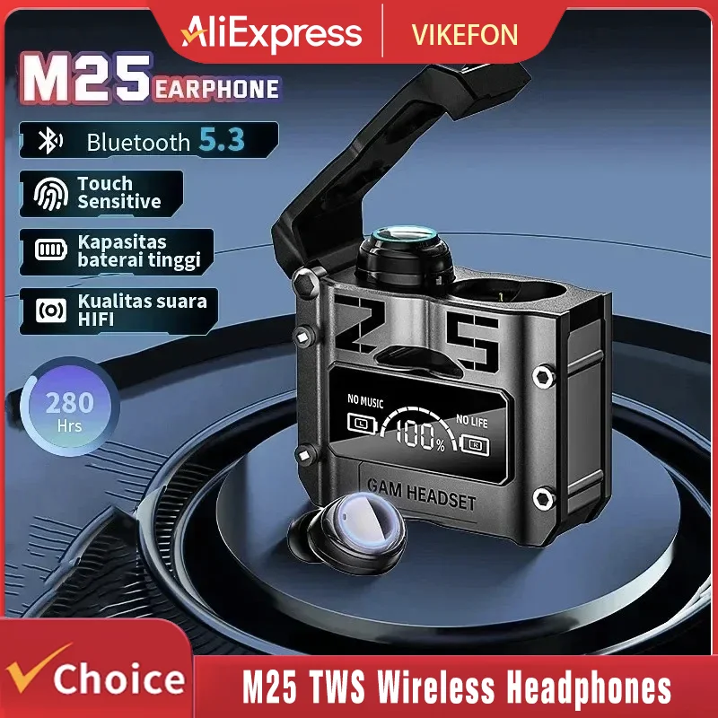 TWS M25 블루투스 5.3 이어폰 노이즈 캔슬링 무선 헤드폰 HD 통화 스테레오 스포츠 헤드셋 (샤오미용 마이크 포함)