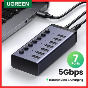 UGREEN USB C 허브 7포트 USB3.0 분배기(개별 OFF/ON 스위치 포함) 데스크탑 PC 노트북 USB 포트 확장기용 LED 표시기