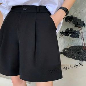 블랙 수트 반바지 여성 여름 하이웨이스트 슬림 루즈 캐주얼 스몰 사이즈 아이스 실크 라지 사이즈 A라인 5/10 미드팬츠