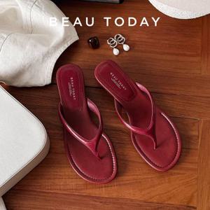 BEAUTODAY 캐주얼 플립 플롭 여성 양피 가죽 T-스트랩 오픈 발가락 솔리드 슬리퍼 야외 숙녀 Elavated Retro Shoes 35139