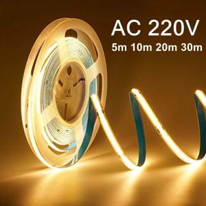 5m 10m 20m 30m COB LED 스트립 라이트 220V 플렉스 테이프 램프 (IC 칩 내장) 고휘도 240 LED 선형 조명 RA90 따뜻한 자연광