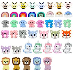 10pcs 실리콘 코끼리 곰 무지개 유니콘 비즈 실리콘 아기 치아발육용 비즈 만화 치아발육 장난감 젖꼭지 체인 액세서리