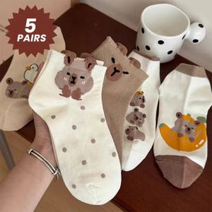 5 쌍 귀여운 Capybara 여성용 무릎 길이 양말, 만화 니트 원단, 여름 얇은 로우 컷 일본식 양말, 기계 세탁 가능