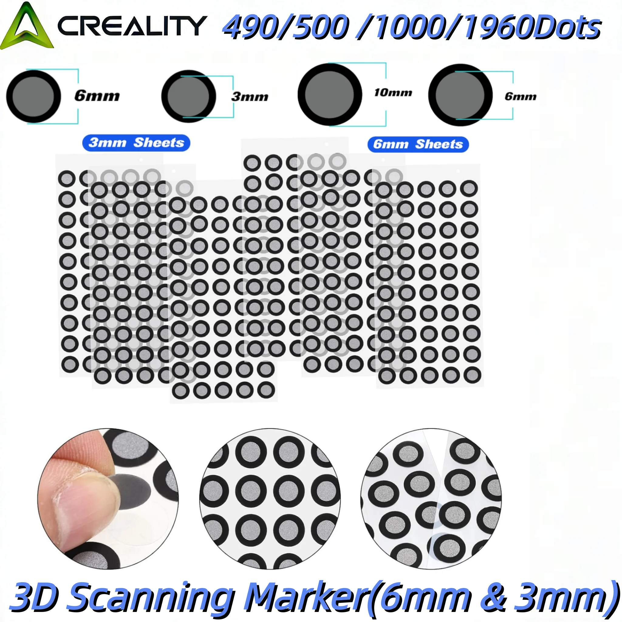 크리에이티 500/1000 포인트 3/6mm 3D 스캐닝 마크 포인트 (크리에이티 CR-스캔 랩터/오터/페렛 프로 3D 스캐너 트래킹 도트용)