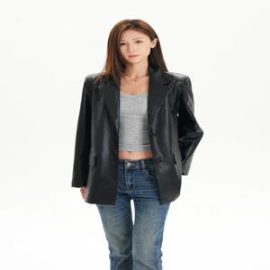 메이드 네티싱 스프링 2026 독점 클래식 블랙 오버사이즈 수트 재킷 여성용 루즈핏 롱 슬리브 가죽 코트