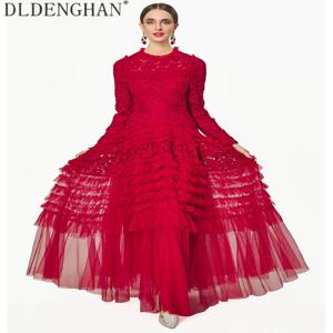 DLDENGHAN 여성 솔리드 빈티지 맥시 드레스 오-넥 랜턴 슬리브 속이 빈 크로셰 플라워 디자인 봄 여름 새 모델