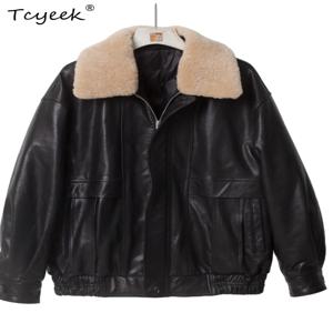 Tcyeek 리얼 가죽 자켓 여성 겨울 따뜻한 양가죽 코트 울 칼라 화이트 구스 다운 코트 라이너 분리형 패션 Дубленка