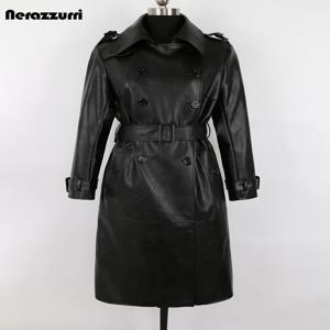 Nerazzurri 여성용 럭셔리 롱 블랙 소프트 인조 가죽 트렌치 코트, 벨트 더블 브레스트, 우아한 오버코트, 5xl, 6xl