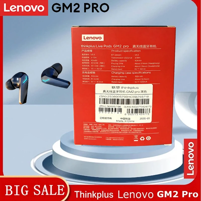 레노버 무선 GM2 Pro 블루투스 5.3 이어폰 게임용 저지연 듀얼 모드 음악 이어버드 스포츠 인이어 헤드셋 마이크 포함 선물용