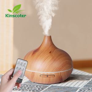 고품질 500ml 아로마 테라피 에센셜 오일 디퓨저 우드 그레인 원격 제어 초음파 가습기 7 색 빛