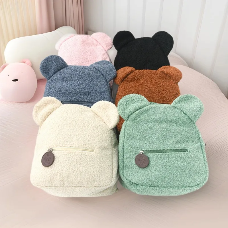 소녀를위한 귀여운 곰 귀 양털 배낭, 1Pcs 따뜻한 Lambswool 작은 데이 팟, 여행 쇼핑을위한 어린이 캐주얼 학교 가방 배낭